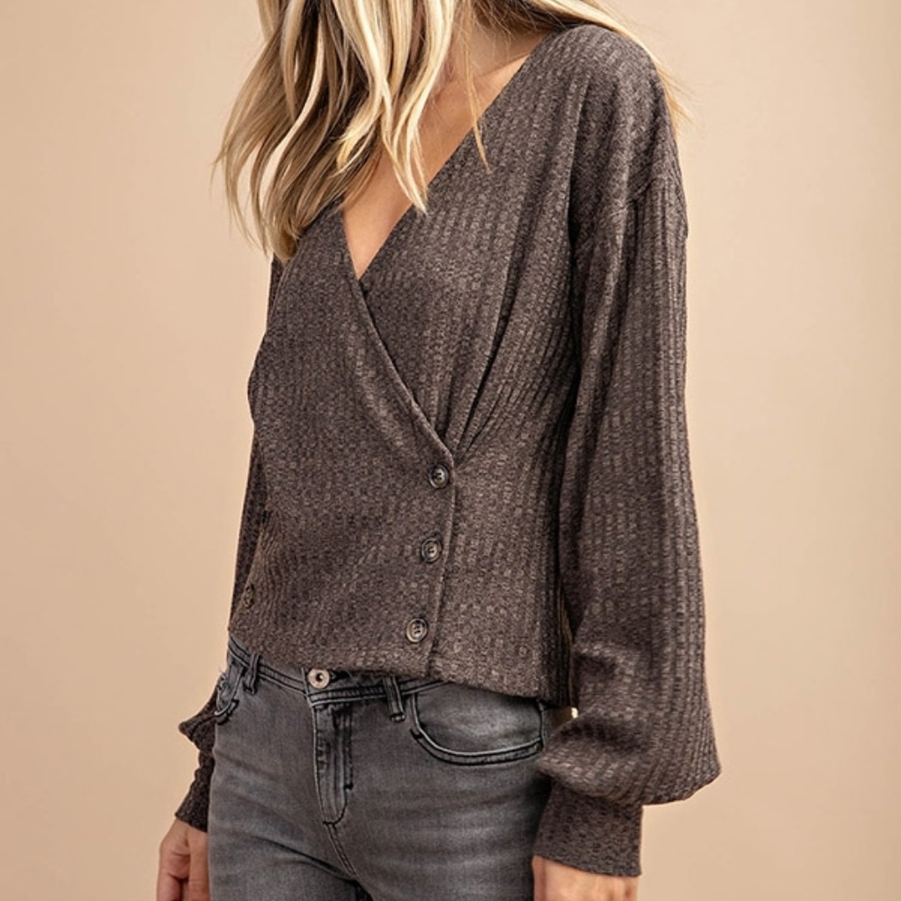 Ribbed Double Button Overlapped V-Neck Top - Picture 2 of 9